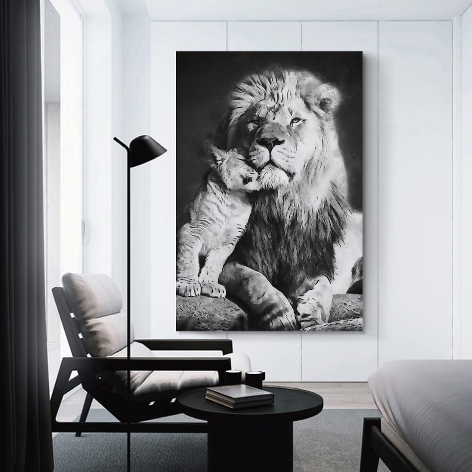 Junmoney Unframe-Style-5 White Lion Cub With Father Canvas Wall Decor, 16X24inch(40X60cm), For Flats, Guest Rooms Or Compact Rooms, Decorative Canvas Decor For Home Updates
