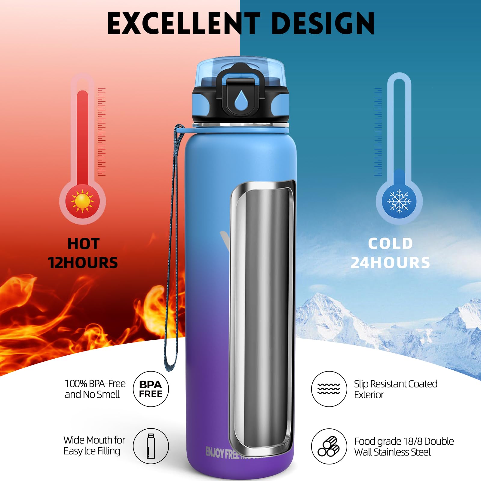 Borraccia Termica, 1L Senza BPA, Bottiglia Termica, Isolamento a Doppia Parete, Borraccia Acciaio, Borracce Termiche, Acciaio Inossidabile 18/8, Borraccia Acciaio Inox per Escursionismo, Corsa, Yoga