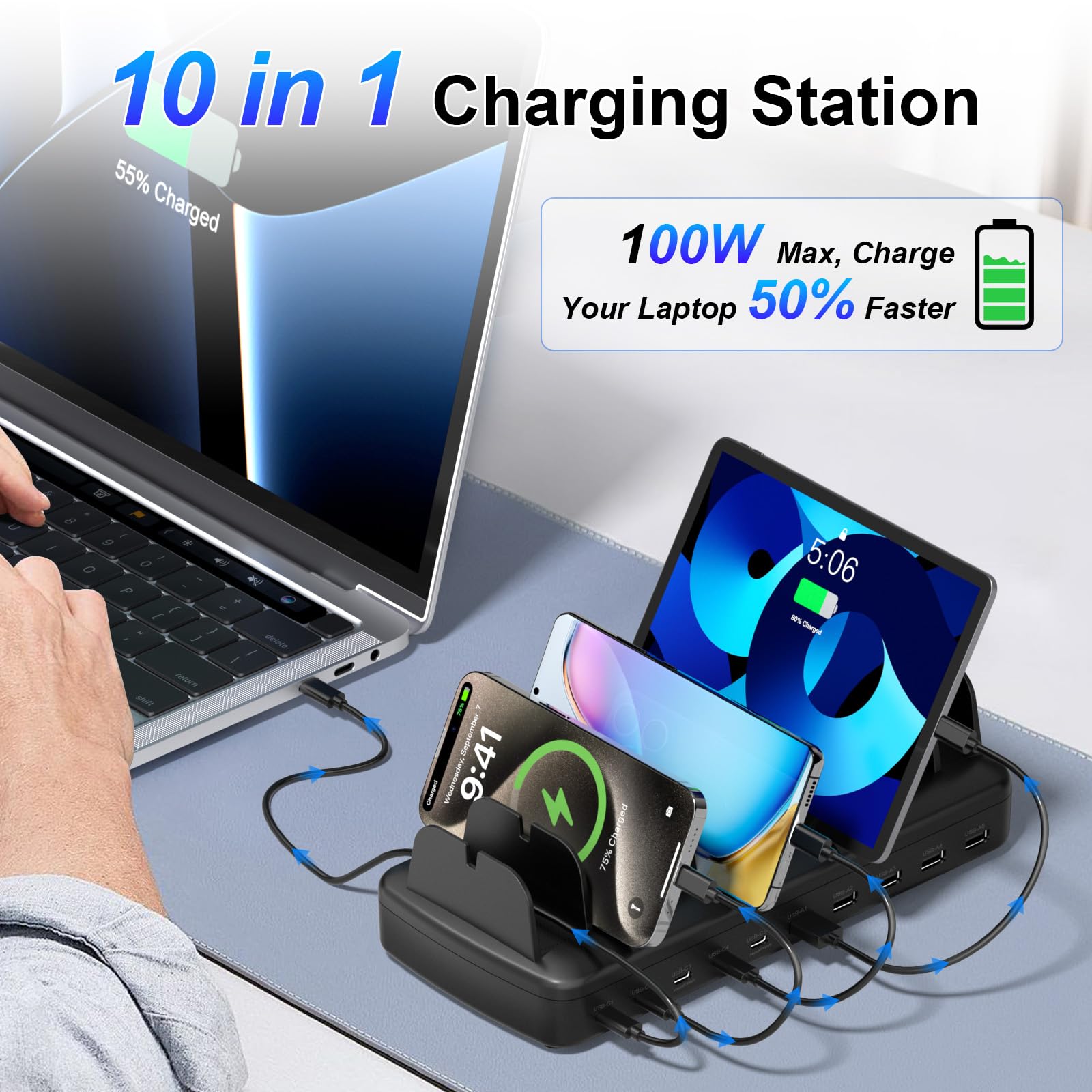 COTOP Estación de carga para varios dispositivos, 10 puertos de 65 W, cargador rápido para portátil, PD Desktop USB C Charging Station con soporte organizador, estaciones de carga doméstica