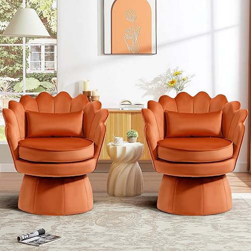 Juego de 2 sillas de acento giratorias de 360°, silla de barril de terciopelo moderna de mediados de siglo, cómoda silla con reposabrazos con forma