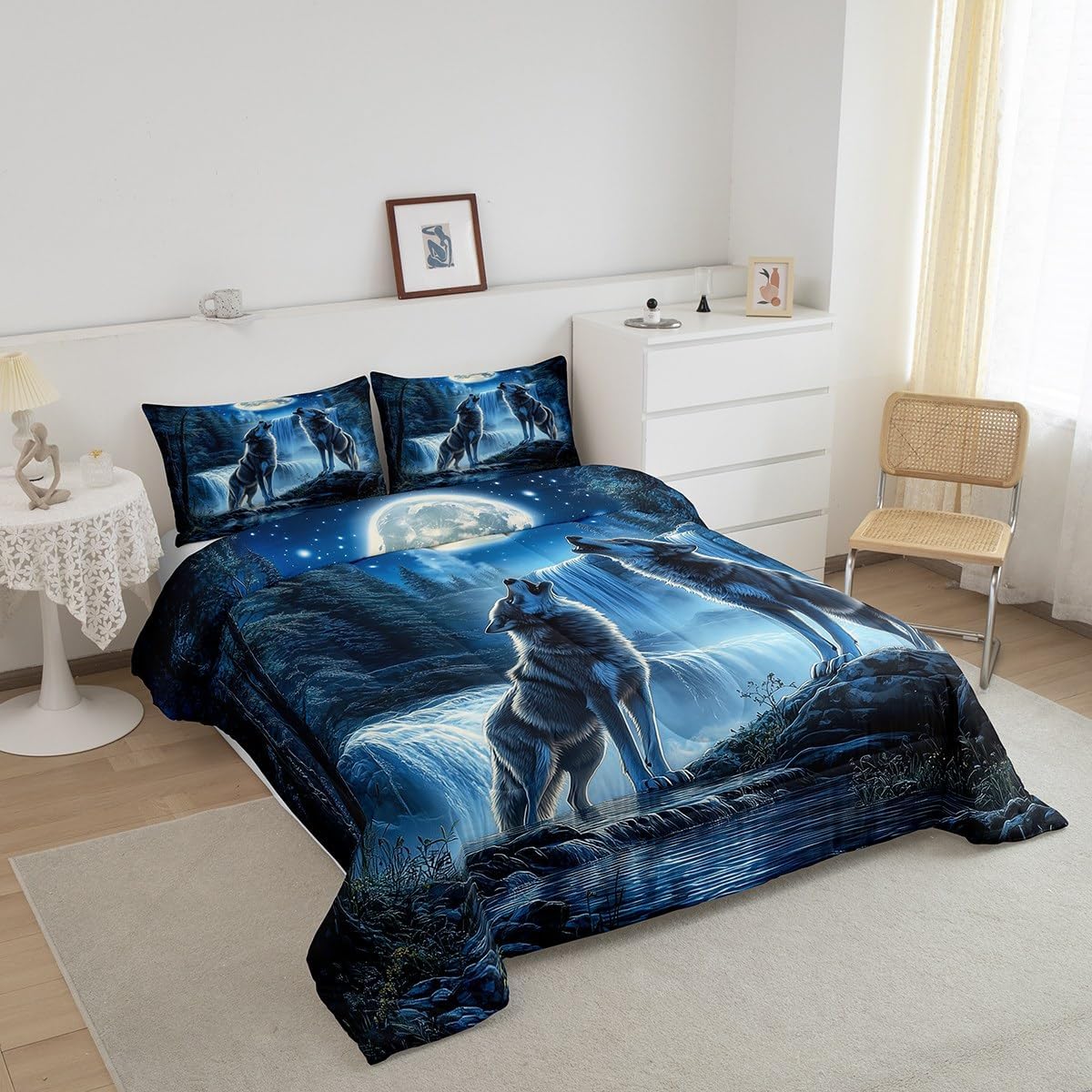 Wolves Howling Queen Size Comforter Sets for Kids Adults,Exotic Galaxy Wolf Family Bedding Sets Youth Men Teens Child,Watercolor Jungle Moon Night 3 PCS Quilt Set,Safari Aniamls Duvet Insert