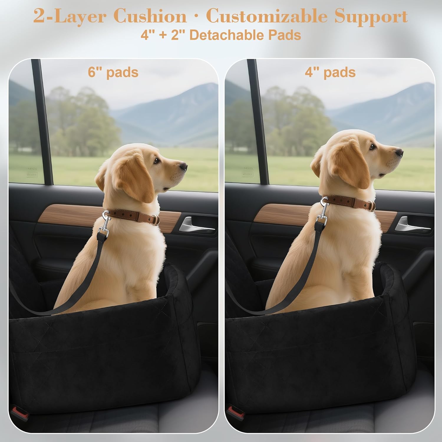 Dog Car Seat for Small/Medium Dogs,Pet Dog Booster Car Seat Puppy 15-35 lbs with Soft 4+2in Detachable Pads Detachable Elevated Cushion and Washable Cover Safety Belt Storage Pockets Easy to Install