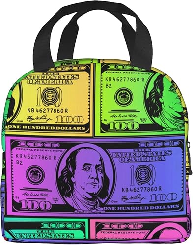 Miniatura 3 de Bolsas de almuerzo aisladas con dinero estadounidense, bolsa de almuerzo colorida para damas, bolsa de almuerzo unisex reutilizable portátil con