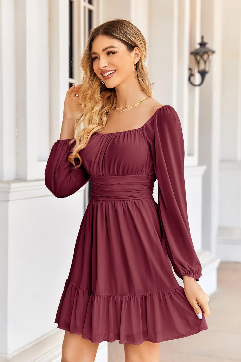 Wenrine Women's Mesh Long Sleeve Square Neck Dress High Waist A Line Ruffle Hem Flowy Casual Party Mini Dress - Image 3