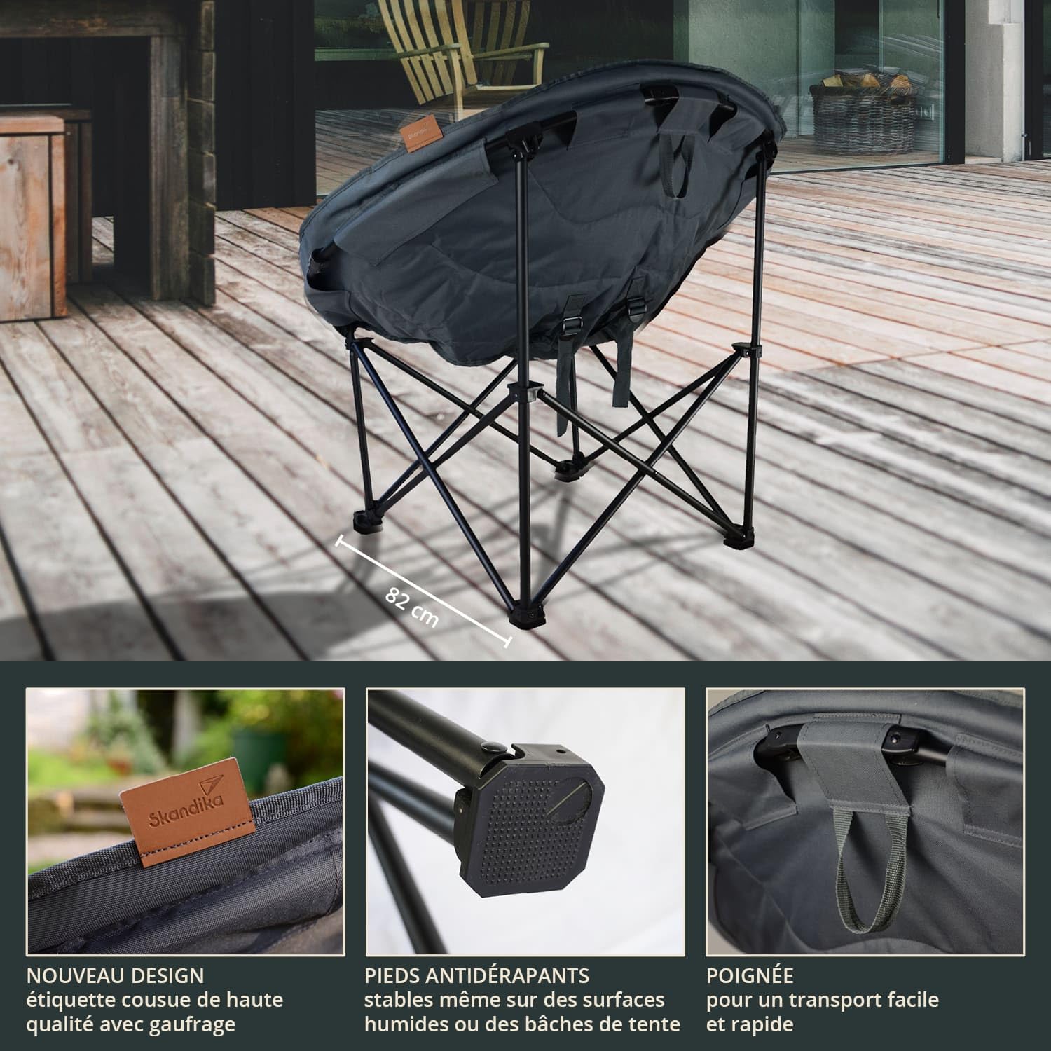 Skandika Fauteuil de Camping Moonchair XXL | Grande Chaise de Camping Confortable, Rond, rembourré, Pliable, poignée et Sac de Transport, Pieds antidérapants, Robuste | Max. 150 kg