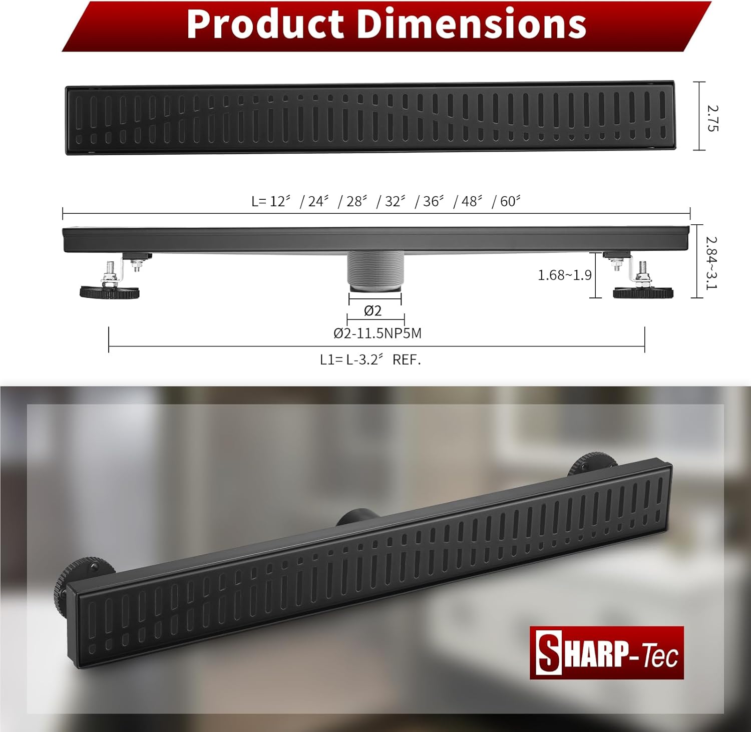 Sharp-tec 24 inch Linear Shower Drain, Black Rectangular Floor Drain, V-Shape Design Drain Channel, 304 Stainless Steel, cUPC Certificated for Bathroom Shower Room (Drain Base is Not Included)