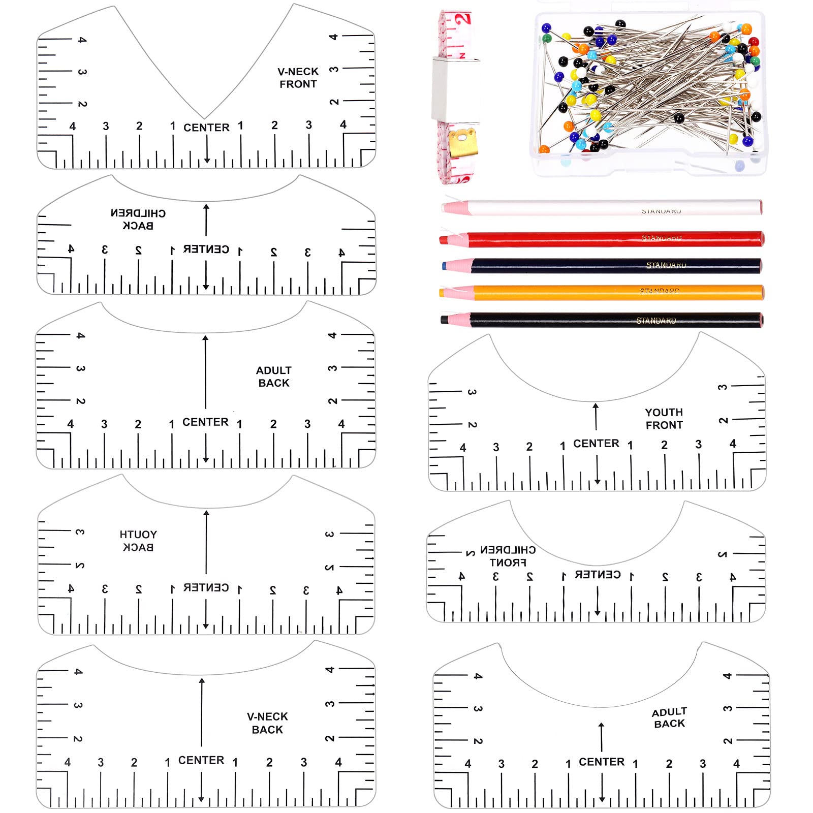 Tanstic 114Pcs T-Shirt Alignment Tool Set, including 8 Sizes T-Shirt Alignment Ruler, 5 Colors Sewing Mark Pencil, 100Pcs Pearl Pins and Soft Measuring Tape for Children Youth Adult