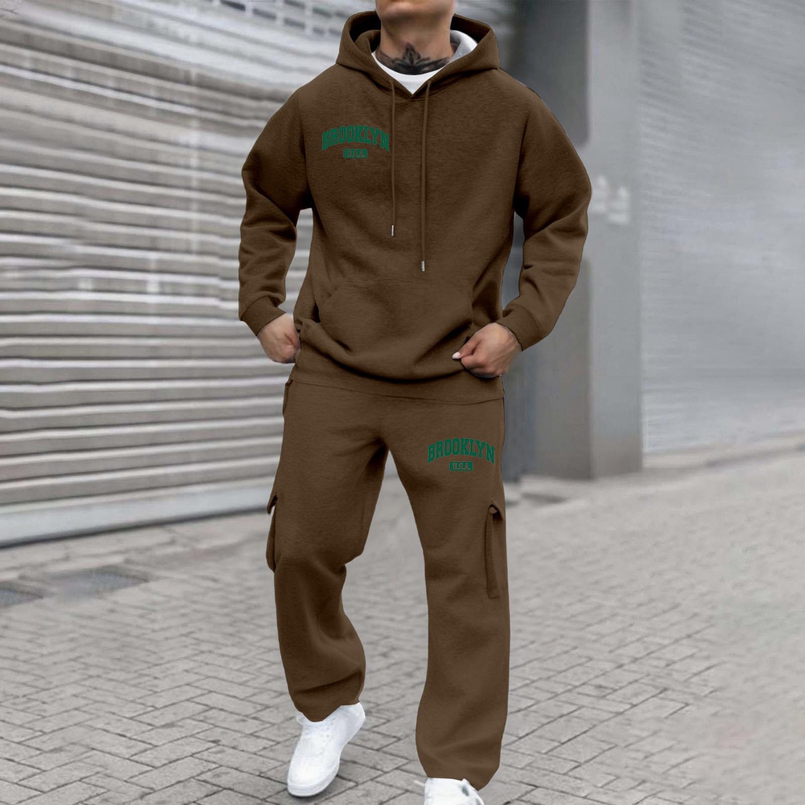 Generisch Męski dres do joggingu, bluza z kapturem, spodnie do biegania, jednokolorowy, dres treningowy, strój rekreacyjny, przewiewna bawełna, ciepła bawełna Y2K, kieszenie, kaptur, zestaw dresowy