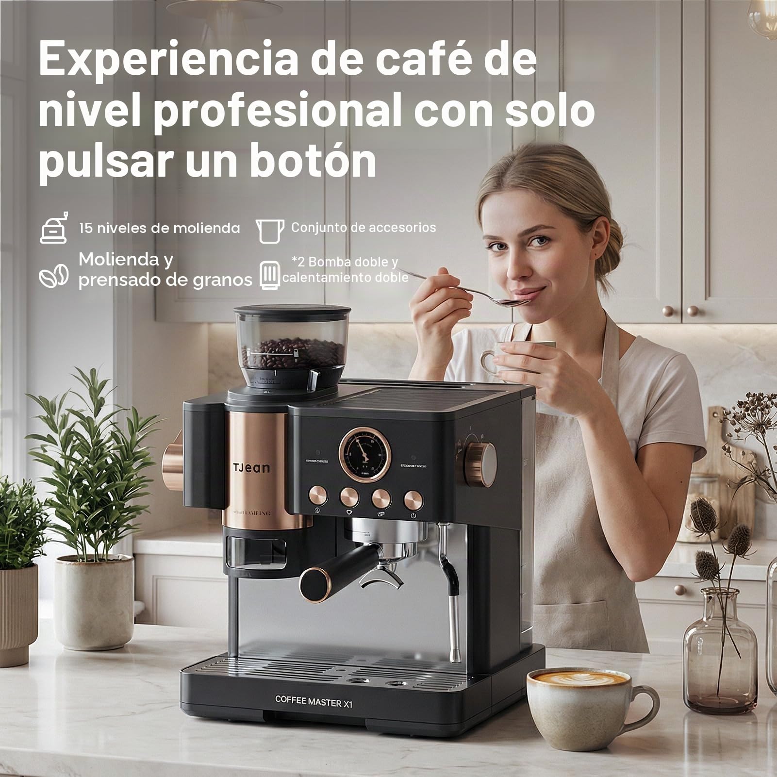 TJEAN Barista Senso – Cafetera Doble Bomba para Café en Grano con Molinillo Integrado, Espresso, Latte y Capuchino con Sistema de Tampado Inteligente, Espumador de Leche Manual (Negro Rosa)