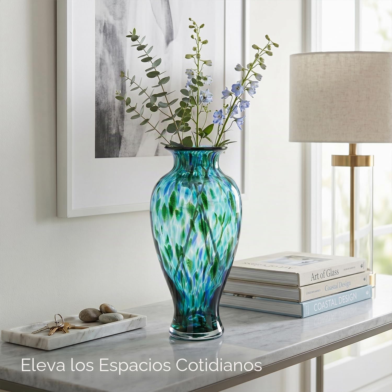Jarrón de vidrio soplado a mano turquesa, 11.8 pulgadas de alto, boca ancha para centro de mesa, jarrones de flores coloridos de Murano para entrada del hogar