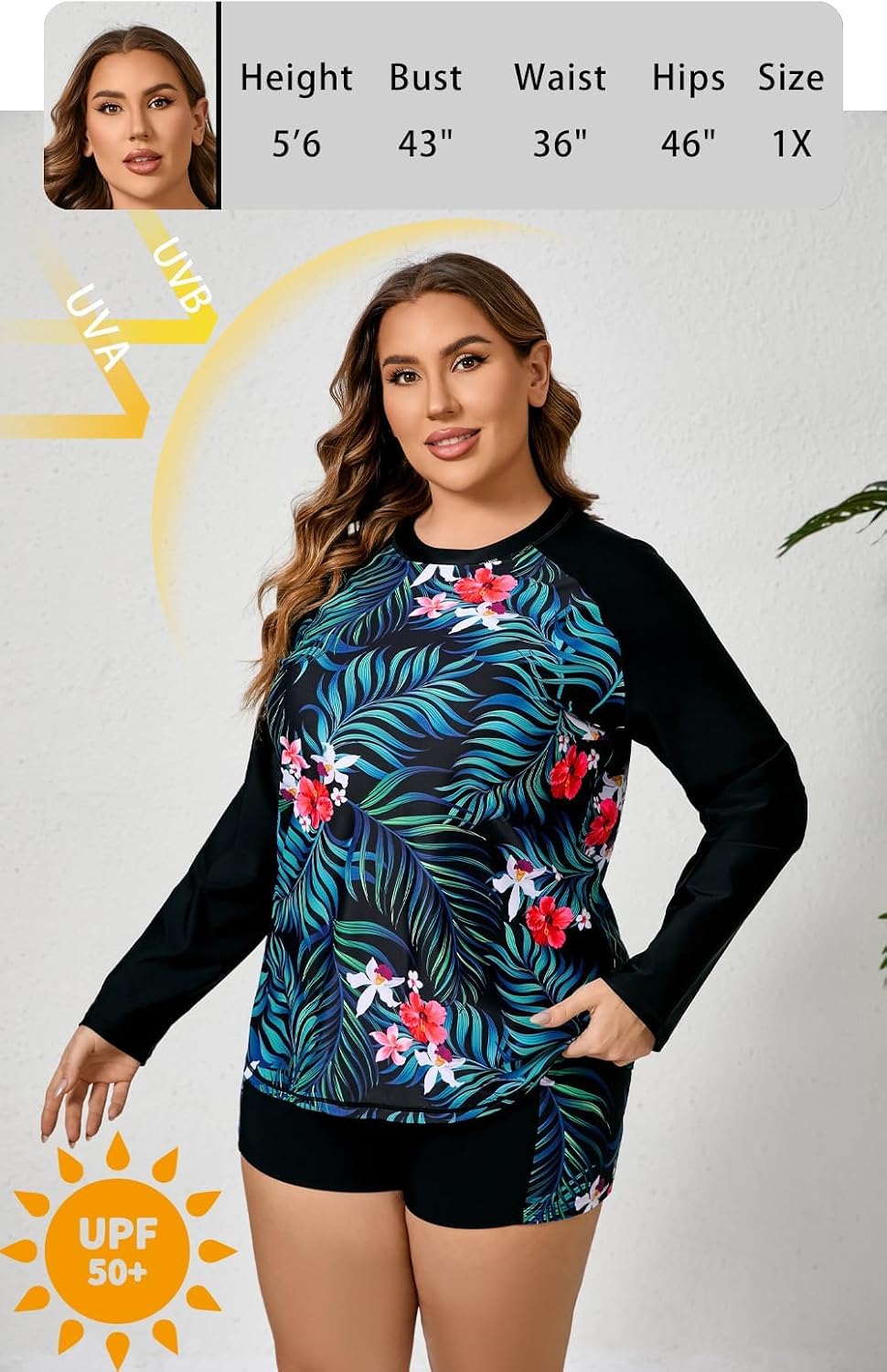JOYBIK Women Plus Size Long Sleeve Rash Guard Built in Bra Swim Shirt and Shorts with Pockets UPF50+ Two Piece Swimsuit
