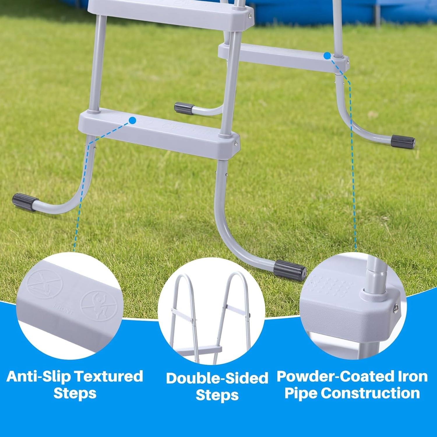 Above Ground Pool Ladder Steel Frame Swimming Pool Entry Exit Ladder Non Slip Metal Frame Steps, Weight Capacity 300lbs(Grey,42 Inch)