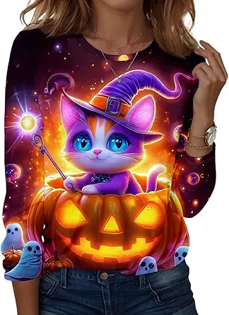 Halloween Shirts for Women Long Sleeve Plus Size Fashion Crewneck Comfortable Tshirts Halloween Costumes for Women