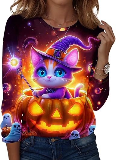 Halloween Shirts for Women Long Sleeve Plus Size Fashion Crewneck Comfortable Tshirts Halloween Costumes for Women