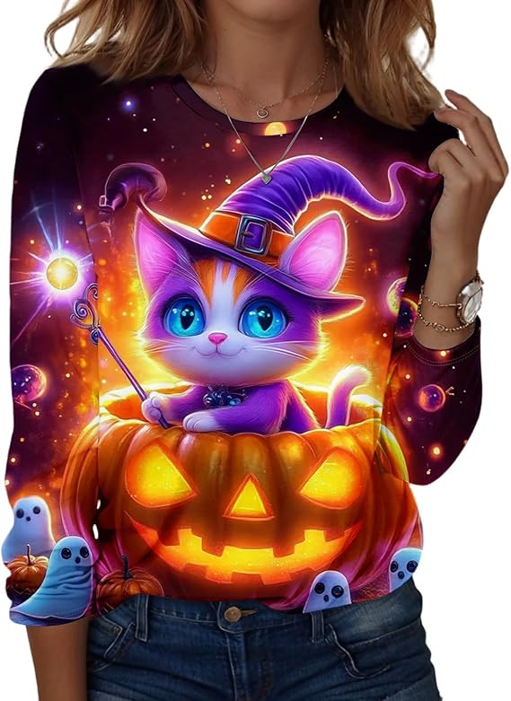 Halloween Shirts for Women Long Sleeve Plus Size Fashion Crewneck Comfortable Tshirts Halloween Costumes for Women