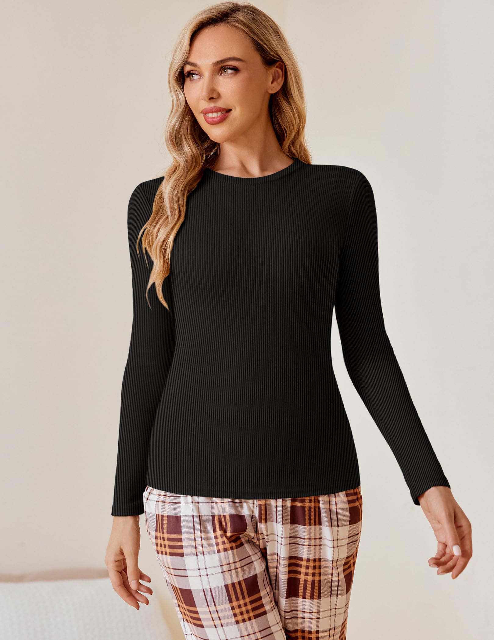 Ekouaer Langarmshirt Damen Rundhlas Basic Tops Unterhemd Layer Tee Warm Thermo Oberteil Slim Fit 3 Pack, S-XXL