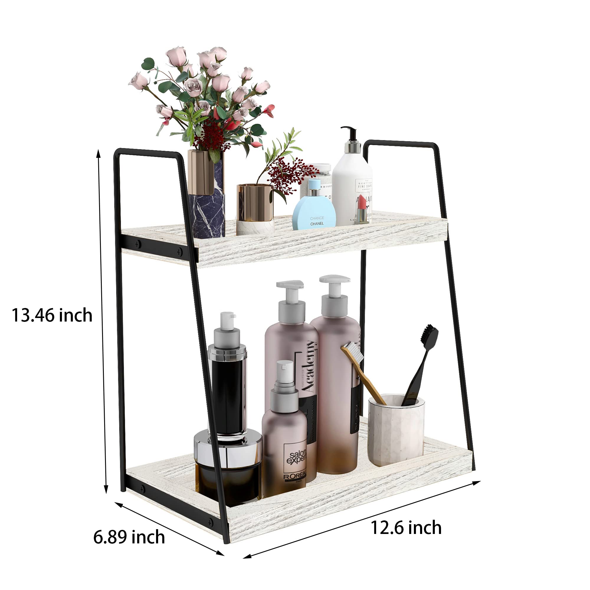 Dorhors 2 Tier Bathroom Storage Organizer,Vanity Trays for Bathroom Counter,Wood Counter Standing Rack for Bathroom,Dresser,Kitchen(Rustic White)