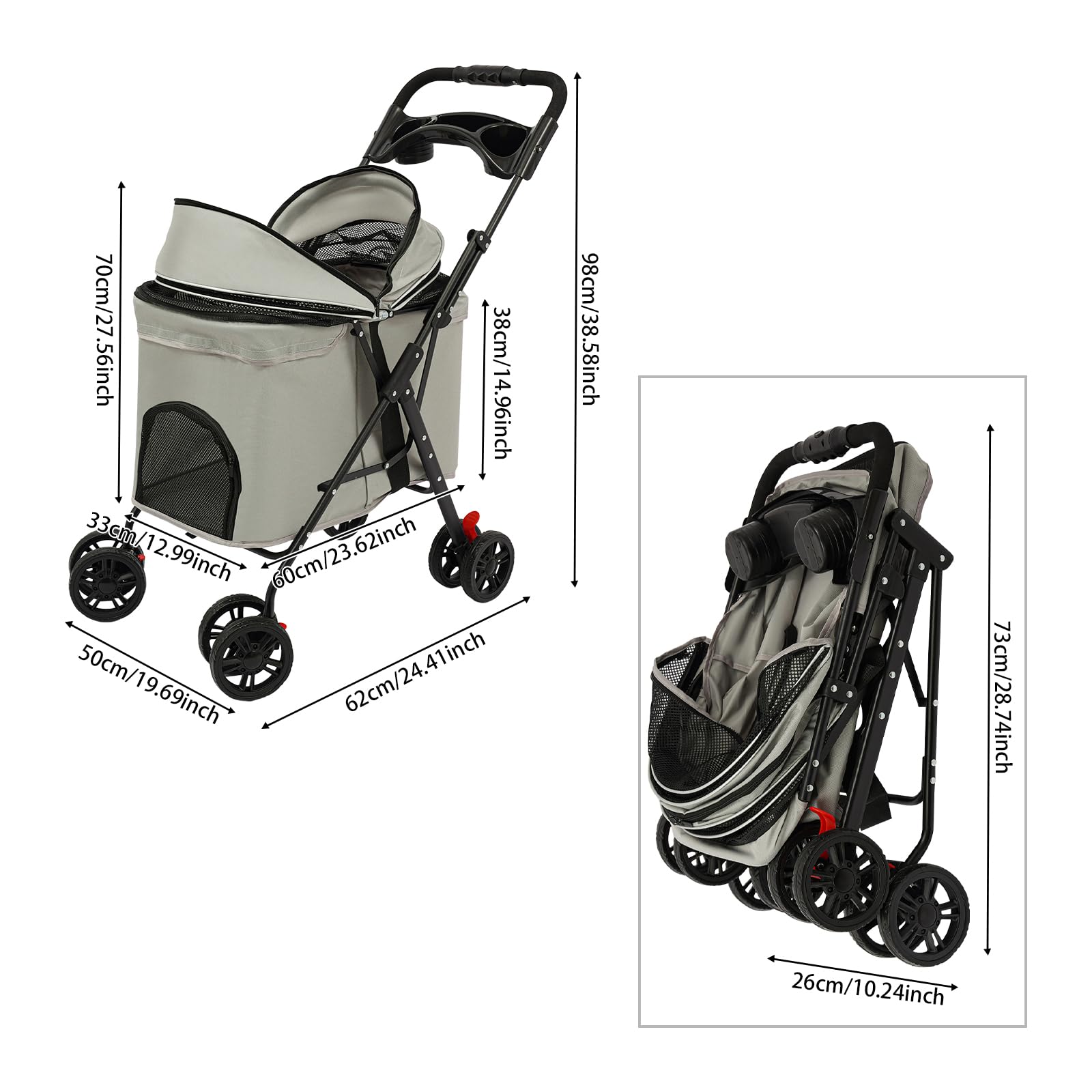Passeggino pieghevole per cani e gatti fino a 12.5kg,Passeggino per animali domestici con 360° ruote,doppio freno posteriore,Carrello per cani con portabibite e doppie fibbie di sicurezza,grigio