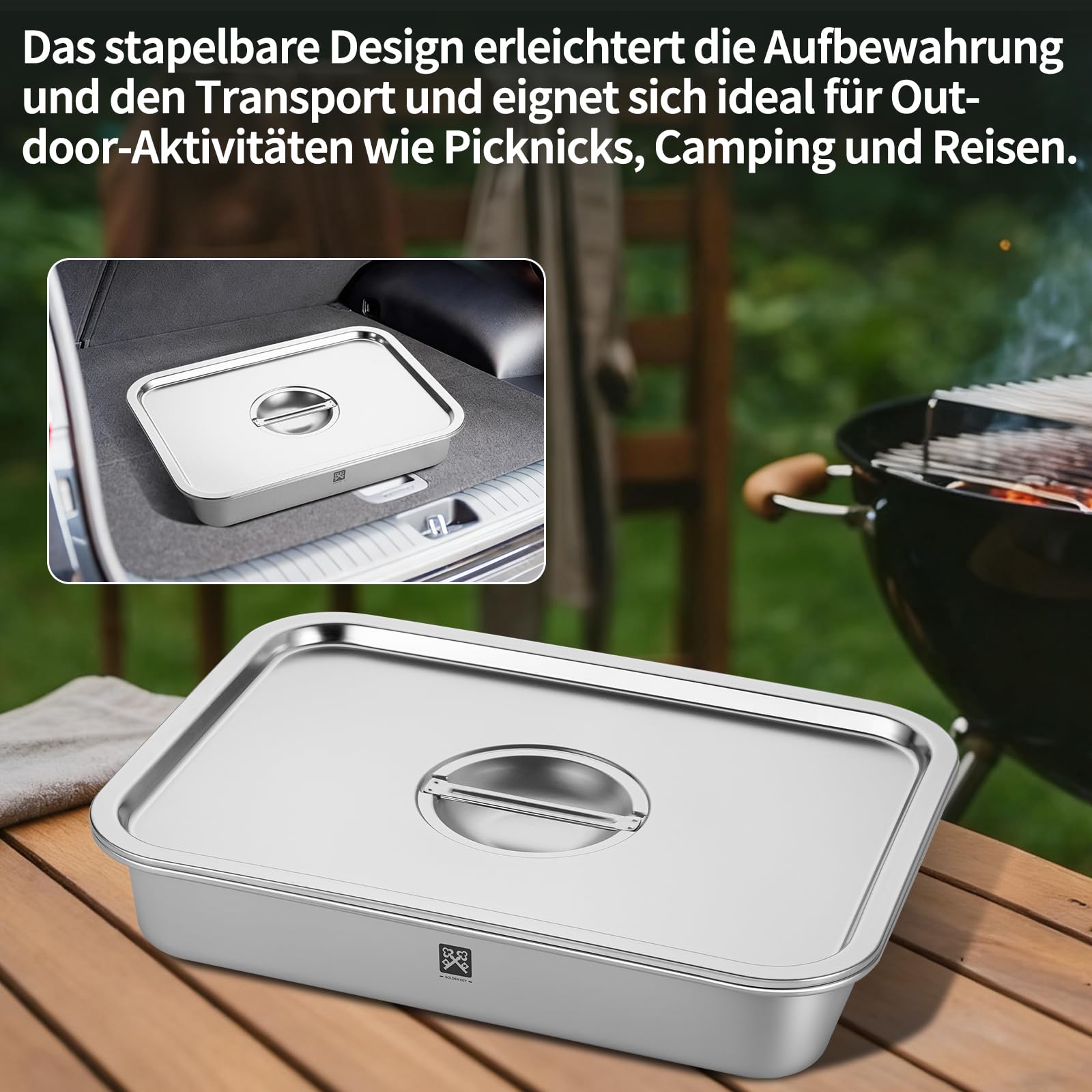 Edelstahl Grill Servierplatte mit Deckel 5-teiliges Set Vorbereitungsschale Marinierplatte Schneidebrett Abtropfgestell BBQ Camping