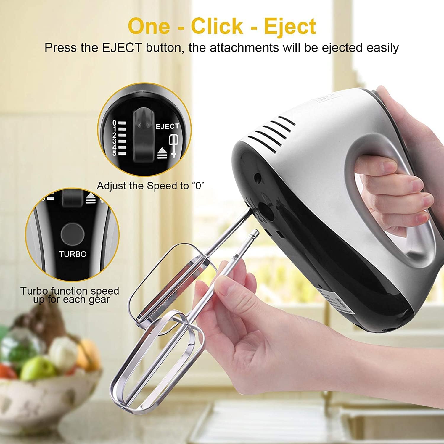 Batidora Eléctrica de Varillas 500W 5 Velocidades Ajustables con Ganchos para Masa Batidores Espátula y Base de Almacenamiento Potente Función Turbo y Versátil para Repostería y Cocina