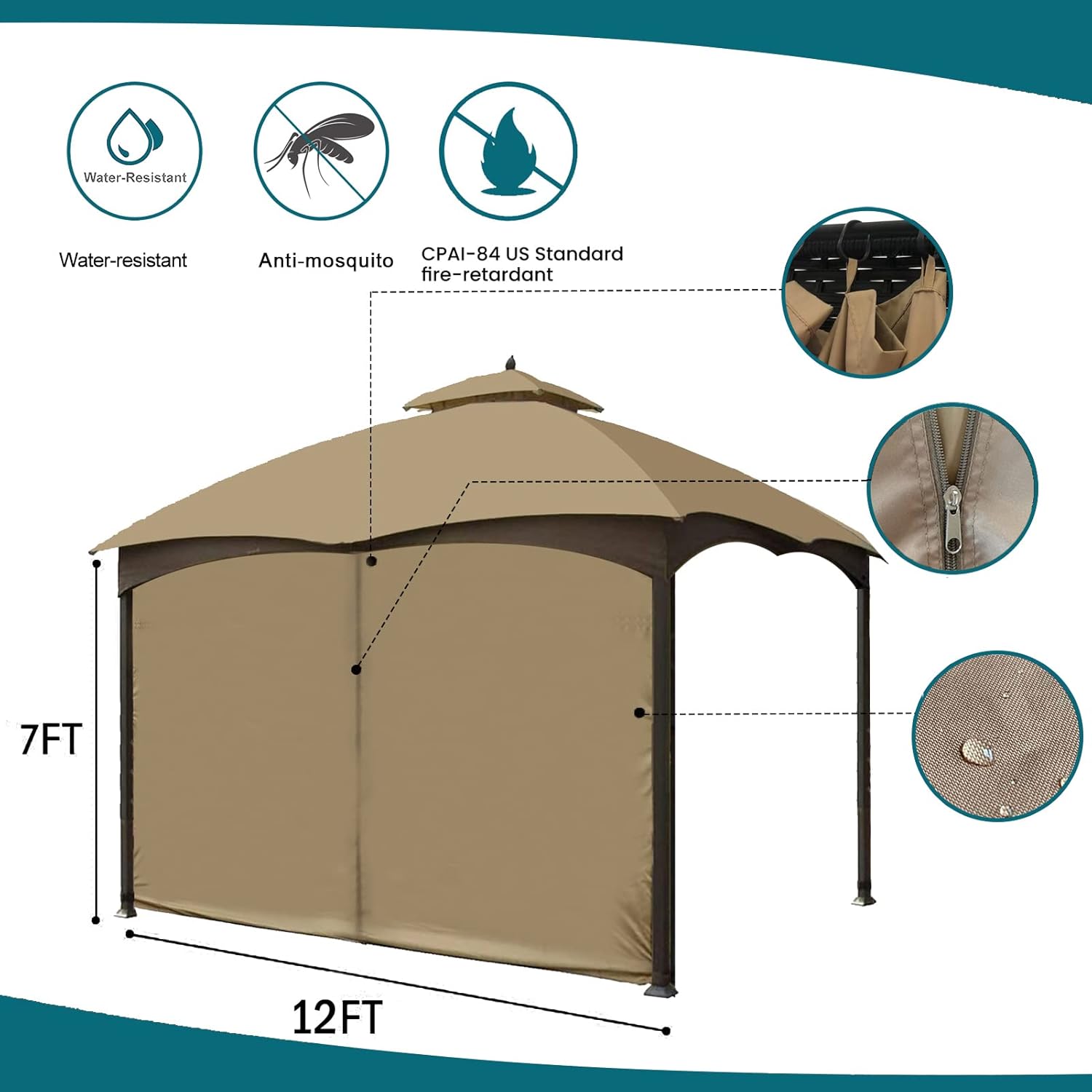 Gazebo Universal Replacement Privacy Curtain - Wonwon Privacy Panel Canopy Side Wall with Zipper for 10' x 12' Outdoor Gazebo (Khaki)