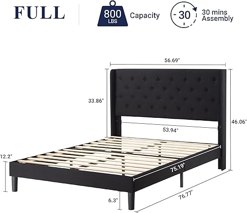 Miniatura 2 de Allewie Base de cama de tamaño matrimonial con cabecera copetuda con botones en la parte trasera, marco de cama tapizado moderno con soporte de