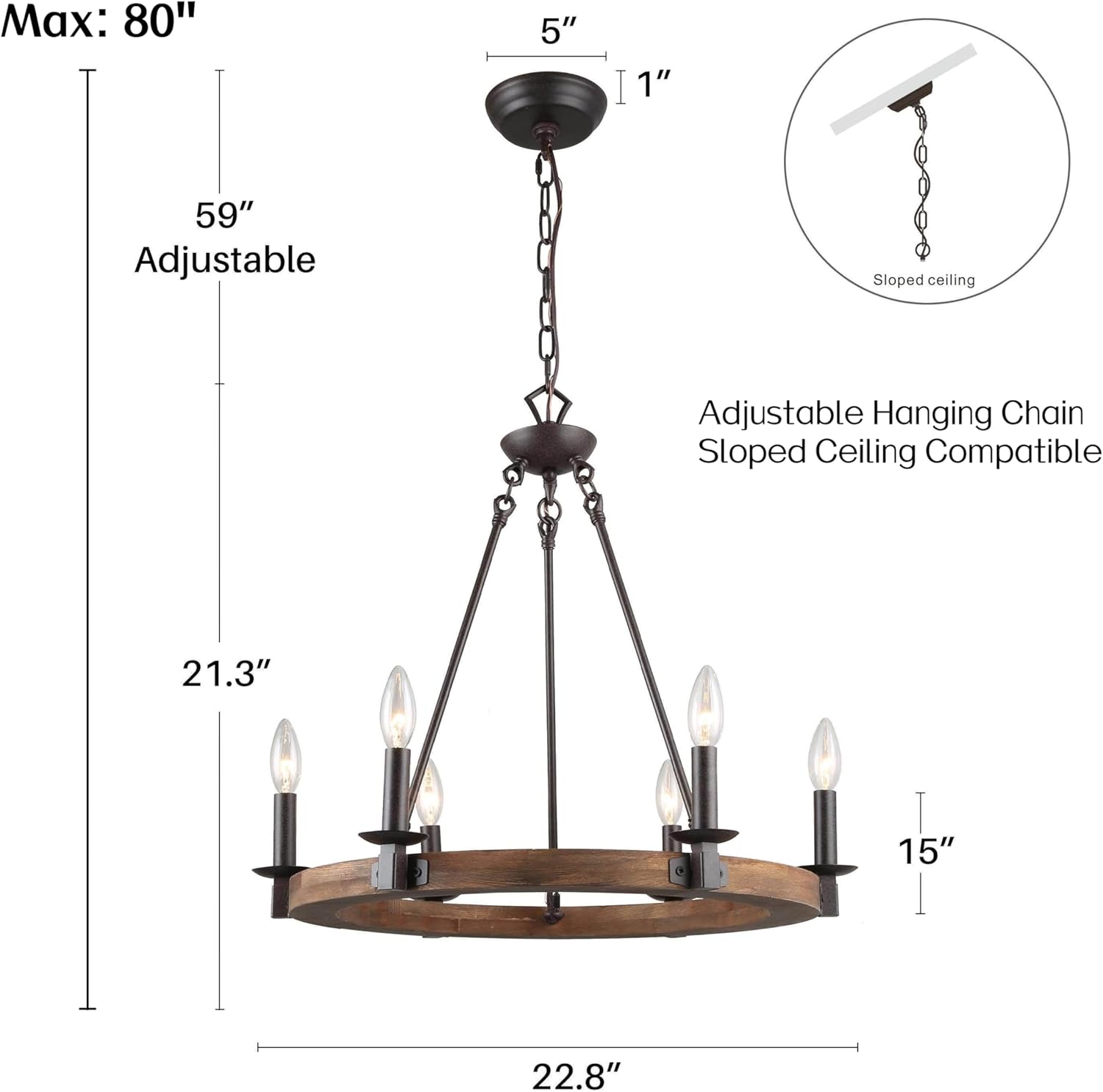 Farmhouse Wood Chandelier, Rustic Ring Wagon Wheel Wood Light Fixture for Dining Room, Kitchen Island, Living Room, Bedroom, and Foyer