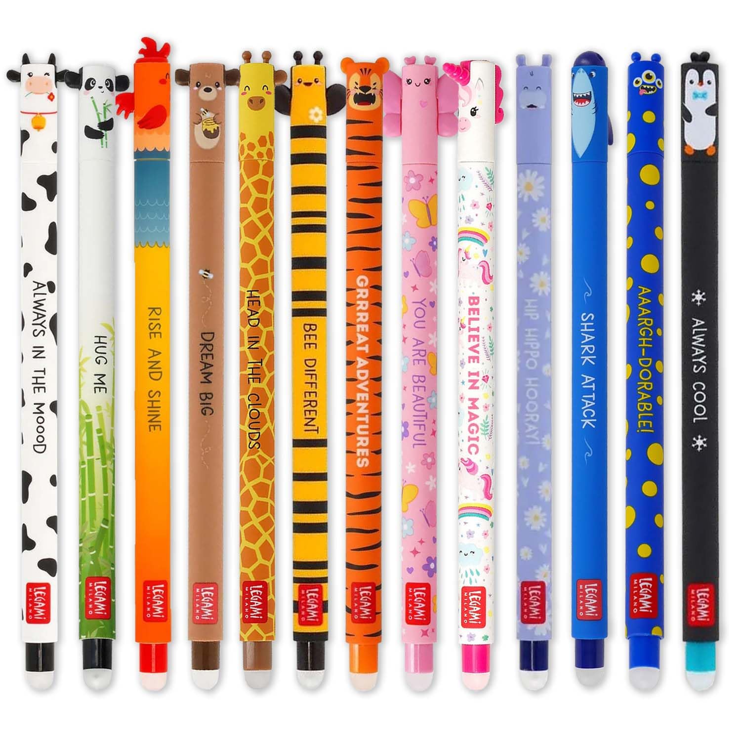 LEGAMI - Set of 13 Erasable Gel Pens with Thermosensitive Erase Ink, coloured ink & fun novelty barrel designs, 0.7mm Tip, Animal Designs, Cow, Chicken, Monster etc.