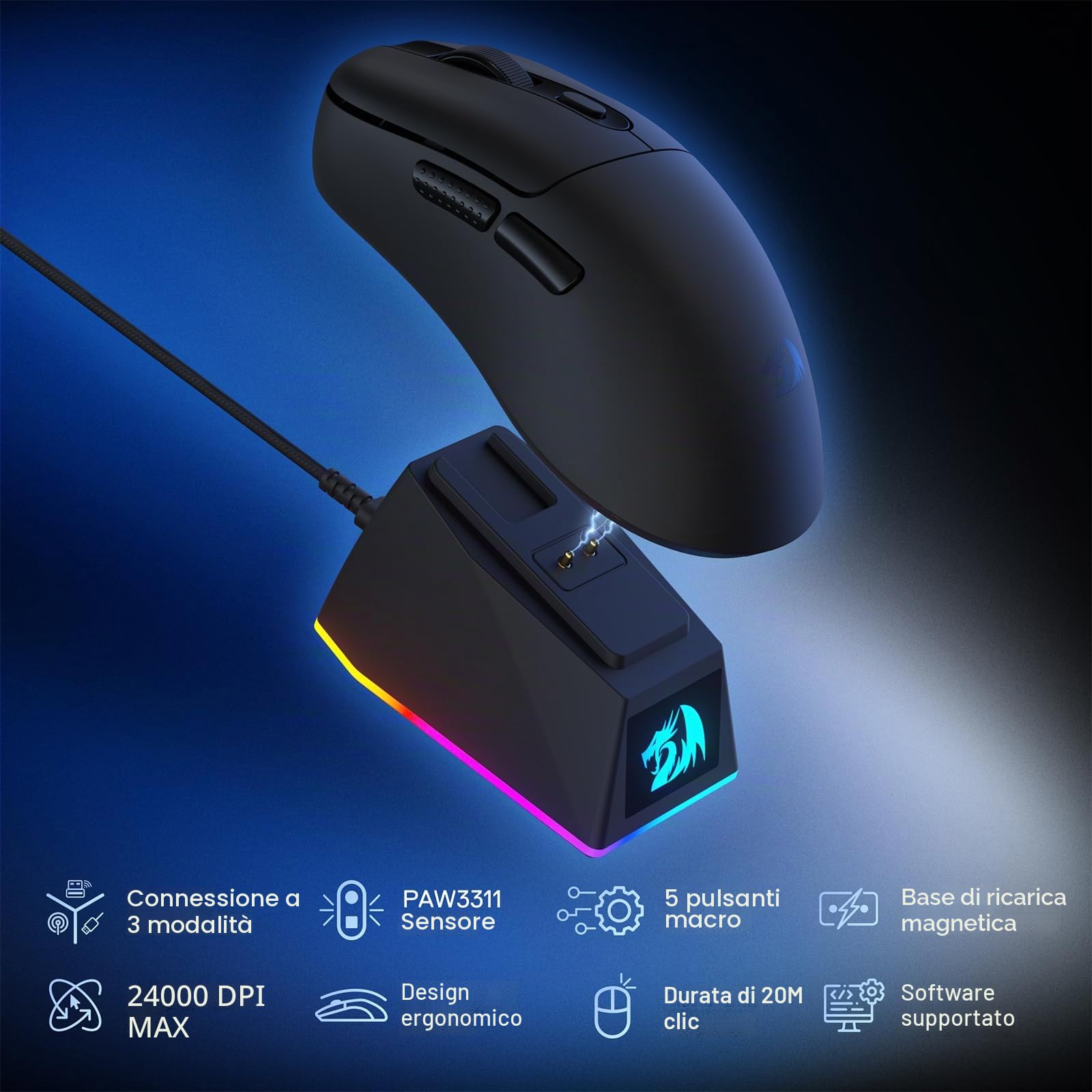 Redragon M998 Mouse Gaming Senza Fili Dock Ricarica RGB 24K DPI | Dock ricarica magnetico RGB, 24000 DPI, 6 pulsanti programmabili, connessione BT/2.4G per PC/Mac