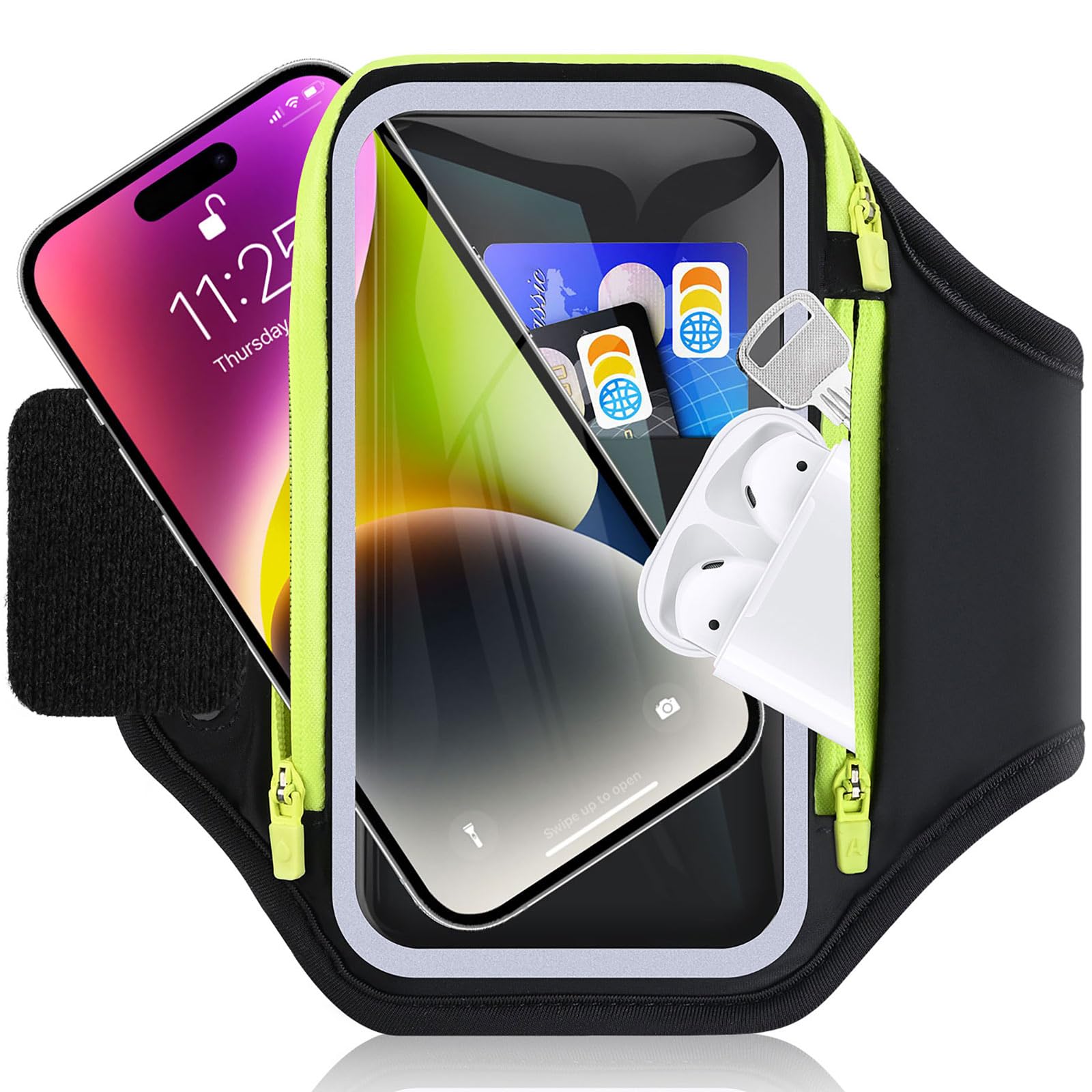 Uchwyt na telefon z składanym elastycznym paskiem, ramię na telefon do biegania z torebką na słuchawki, akcesoria do biegania 6,9'' dla iPhone'a 16 15 14 13 12 Galaxy, ramię z torebką na klucze