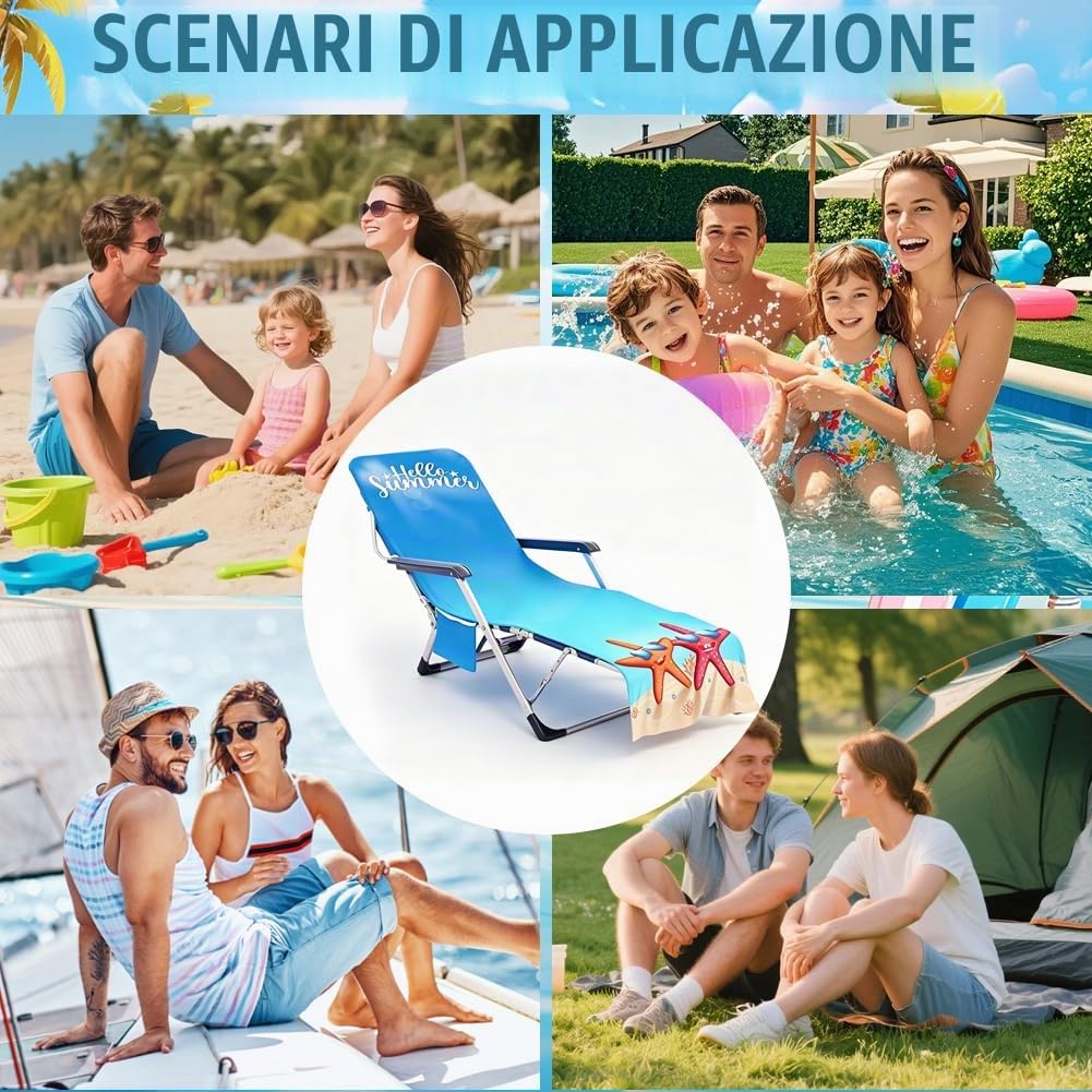 Copertura protettiva ocean per sedia da giardino, morbido telo in spugna per lettino/sdraio con 2 tasche, cuscino per sedia da giardino e sdraio, telo mare per piscina e spiaggia, 75 x 210 cm
