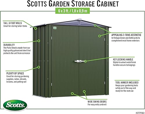 Miniatura 9 de Scotts Armario de almacenamiento de jardín de 6 x 3 x 6 pies, kit compacto de cobertizo de metal con cerradura para patio trasero, patio y césped