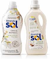 Kit Amaciante Concentrado Girando Sol Coco e Baunilha + Sabão Lava Roupas Líquido 1L cada - Rende 50 Lavagens, Perfume Duradouro, Sem Corantes, Biodegradável