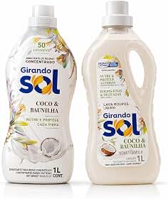 Kit Amaciante Concentrado Girando Sol Coco e Baunilha + Sabão Lava Roupas Líquido 1L cada - Rende 50 Lavagens, Perfume Duradouro, Sem Corantes, Biodegradável