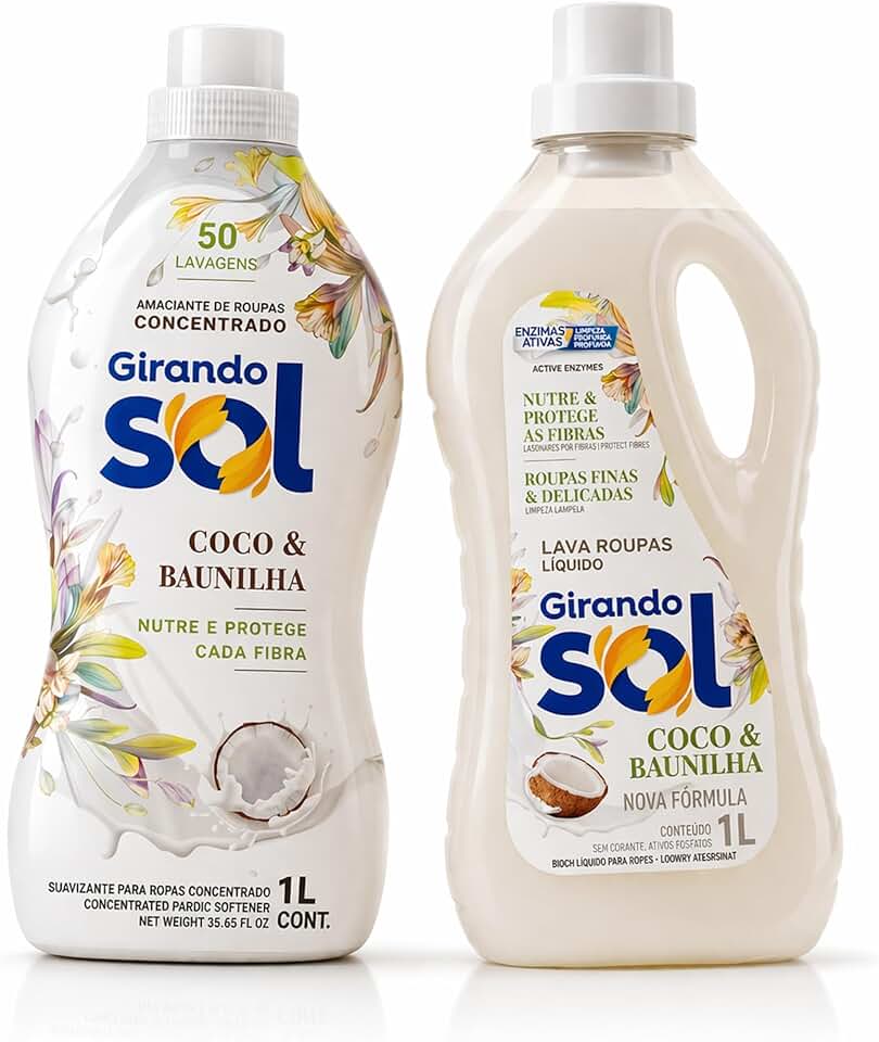Kit Amaciante Concentrado Girando Sol Coco e Baunilha + Sabão Lava Roupas Líquido 1L cada - Rende 50 Lavagens, Perfume Duradouro, Sem Corantes, Biodegradável