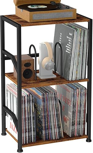 Miniatura 9 de Soporte para tocadiscos, almacenamiento de discos de vinilo hasta 200 álbumes, mesa auxiliar de 3 niveles con separadores extraíbles, mesa auxiliar