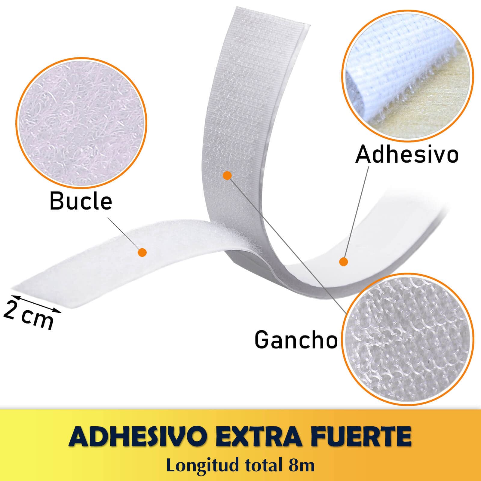 Doble Adhesiva Cinta 20 mm 8 Metros, Extra Fuerte Autoadhesiva Rollo, Hook y Loop Tape Gancho y Cinta de Lazo (20 mm x 8 m, Blanco)