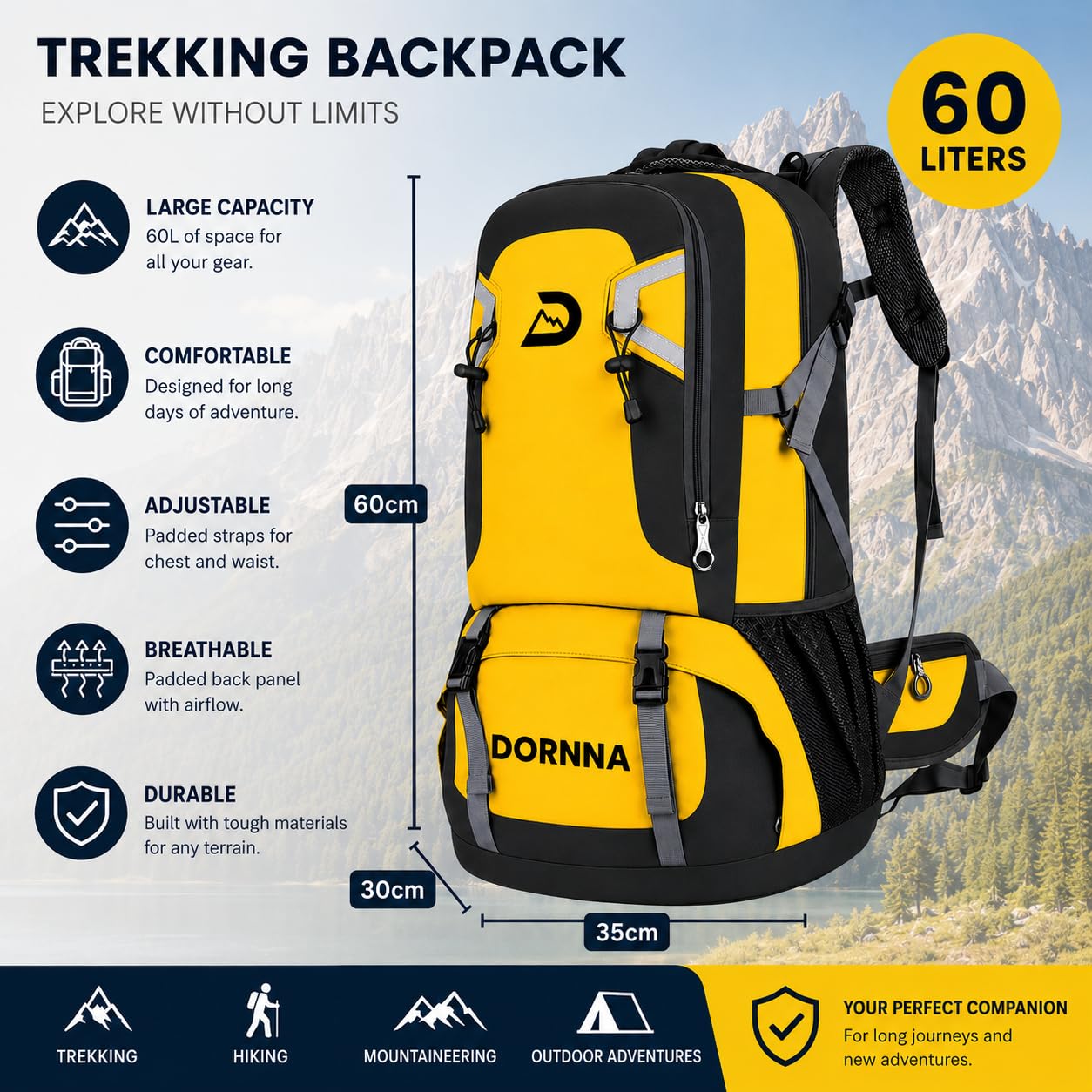 Plecak trekkingowy i turystyczny 60 litrów, wodoodporny plecak górski, Camino de Santiago i kemping z wieloma przegrodami., Żółty, Duży, sportowy
