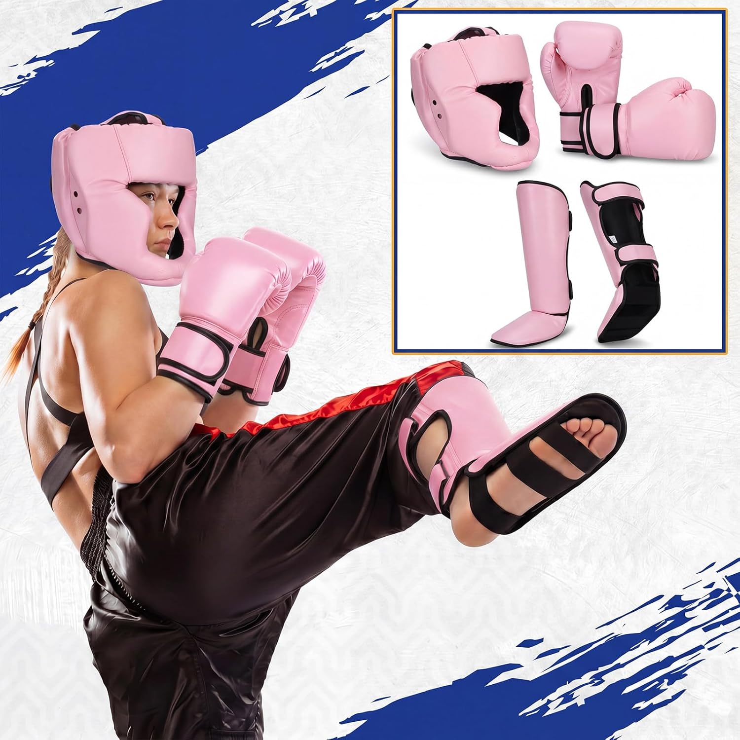 Arrowbash 5 Pcs Boxing Guards Set for Kids with Sparring Headgear, 6oz Boxing Gloves and Leg Shin Guards Wrestling Headgear for Youths Teens Boys Girls Kickboxing Karate Muay Thai BJJ Training