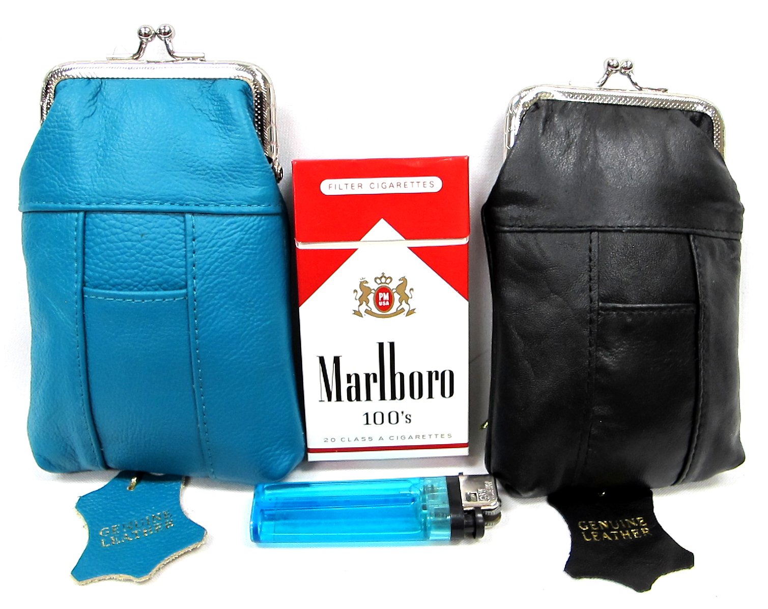 2pc Set Genuine Leather Cigarette Case Pouch Teal Green + Black Fit 100s, King Regular Pack