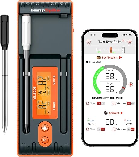 ThermoPro Twin TempSpike Fleischthermometer kabellos 150m Bluetooth Grillthermometer Backofenthermometer Ladeschale mit Display für Ofen, Grill, Rotisserie, sicher im…