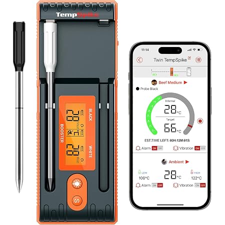ThermoPro TempSpike Kabelloses Fleischthermometer – Bluetooth 150 M, IP67 Wasserdicht, 2 Sensoren (Gargut & Garraum), App-Steuerung, Spülmaschinenfest