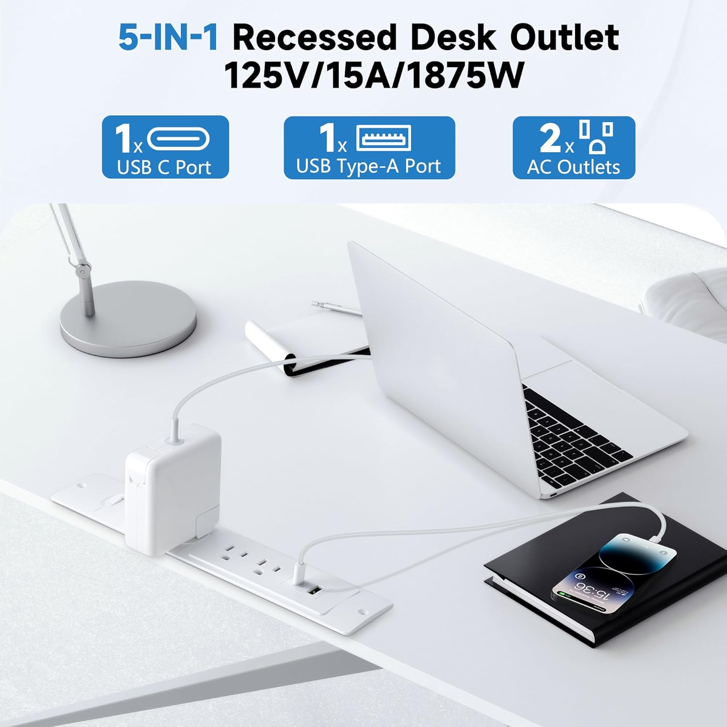 Recessed Power Strip with 20Feet Cord,45 Degree 3-Prong Thin Flat Plug, 2 AC Outlets+1 Widely Spaced Outlet,2 USB Ports (20W PD USB-C & 18W QC3.0 USB-A) 14AWG,980J Surge Protection, ETL Listed, White