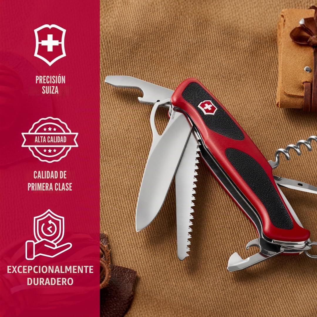 Victorinox Ranger Grip 79 Navaja multiusos con 12 funciones, incluyendo hoja con bloqueo para una mano, de color rojo/negro