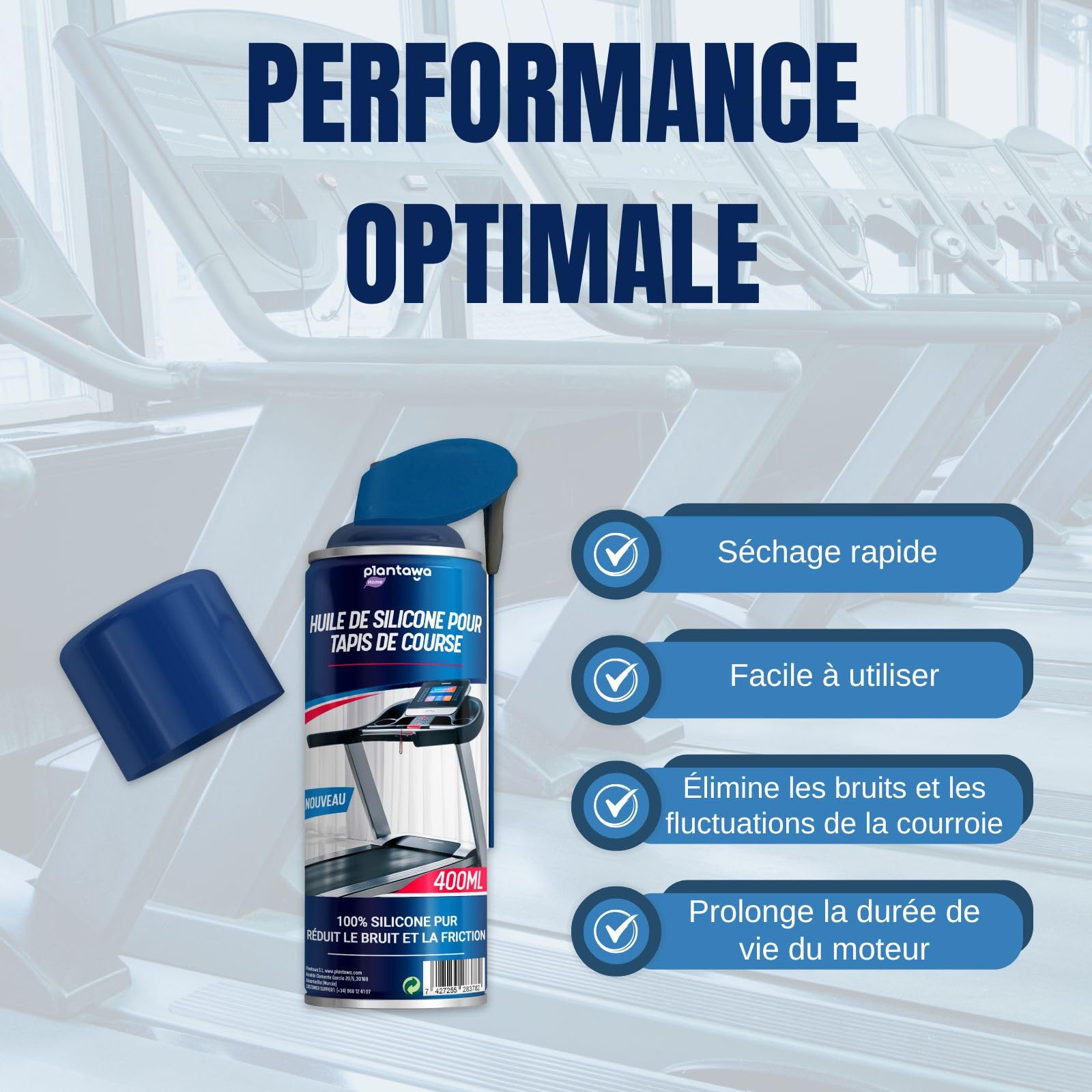 Plantawa Spray lubrifiant pour tapis de course 400 ml | Lubrifiant en silicone pour tapis de course. Idéal pour gymnases, tapis de course. Application précise. Convient à tous les tapis de course.