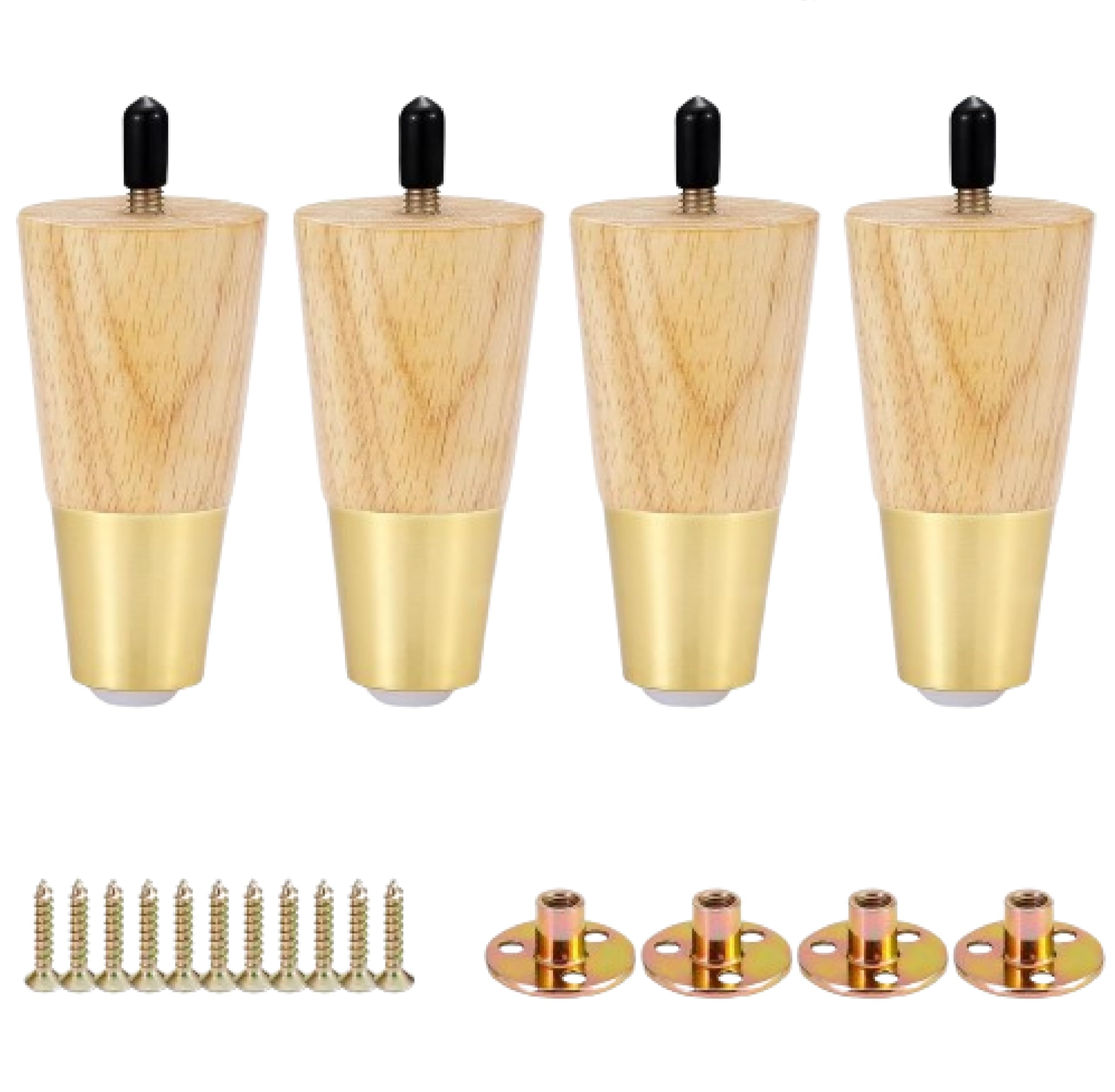 QZibeva Pack 4 Pcs Oak Wood Furniture Legs, Solid Feet with Mount Hardware, Modern Mid - Century Natural Finish