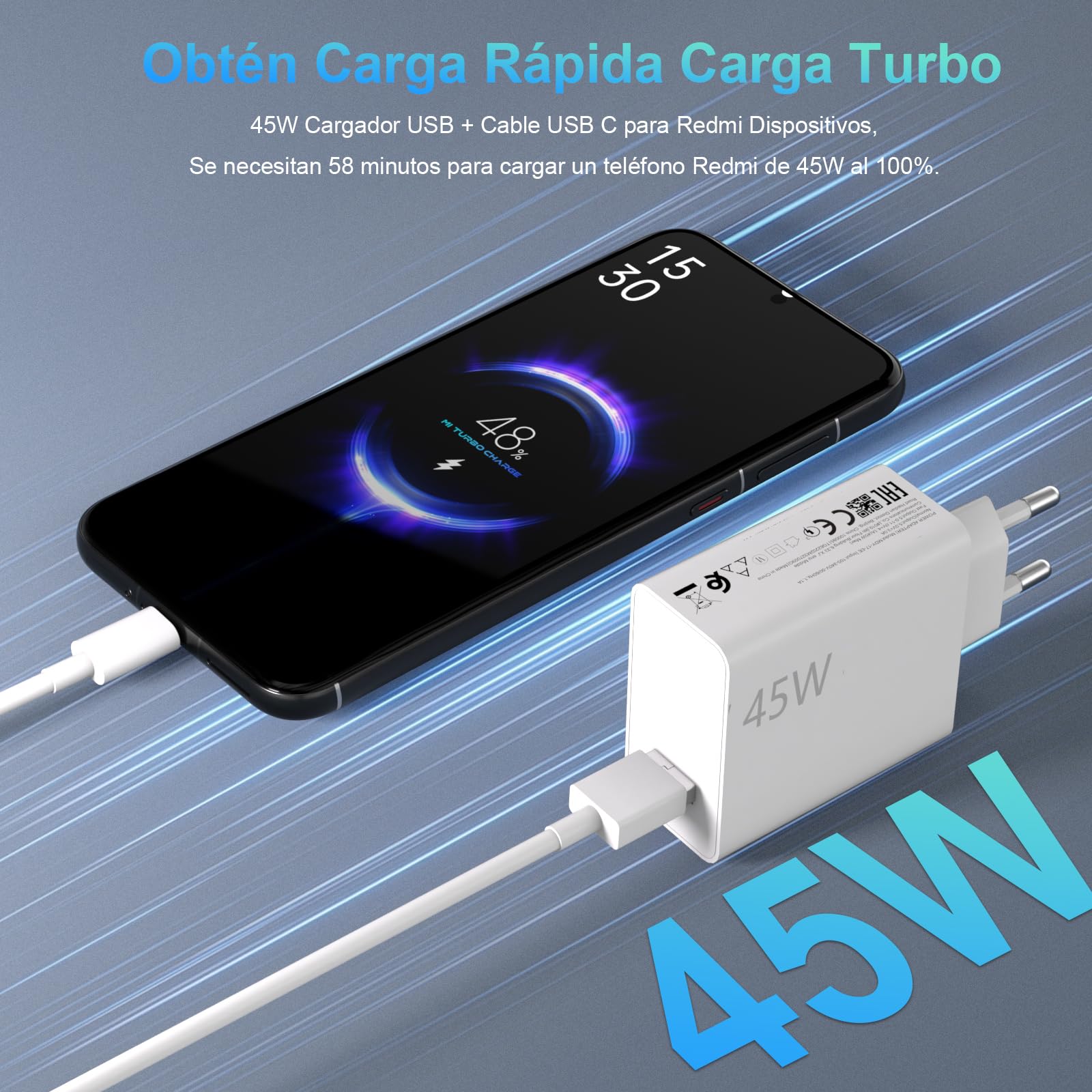 Cargador Rápido 45W Xiaomi/Poco Con Cable USB-C 2m | Turbo Carga Para Redmi Note 14 Pro 5G, Poco X7, Pad 7 Y Más