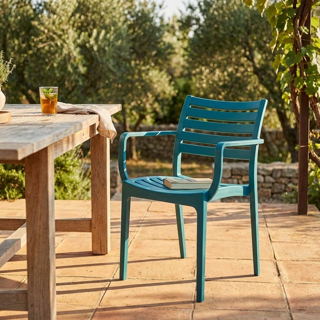 milani home - poltrona da giardino in polipropilene, petrolio, con braccioli, per esterno e sala da pranzo