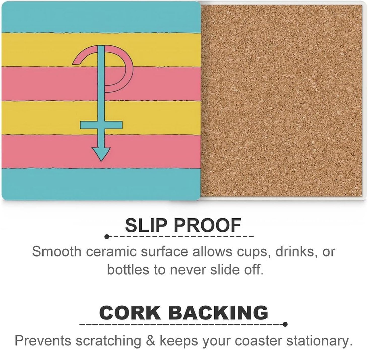 Pansexual Pride Symbol and Flag Coaster for Drinks Square Ceramic Table Coasters Stone Mat Crafts 4PCS Home Kitchen Decor