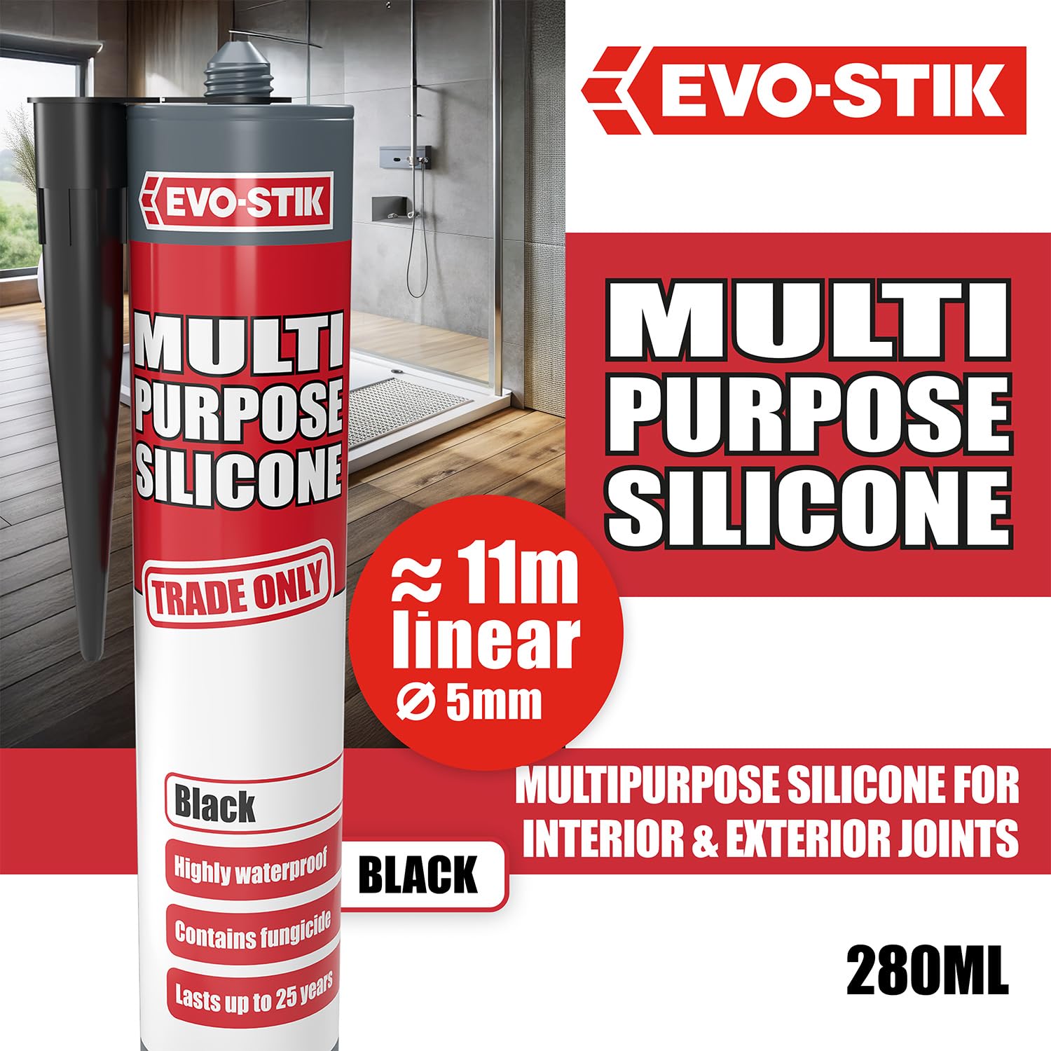 EVO-STIK Multipurpose Silicone Sealant Black - Waterproof & Mould Resistant - For Interior and Exterior Use — view 2